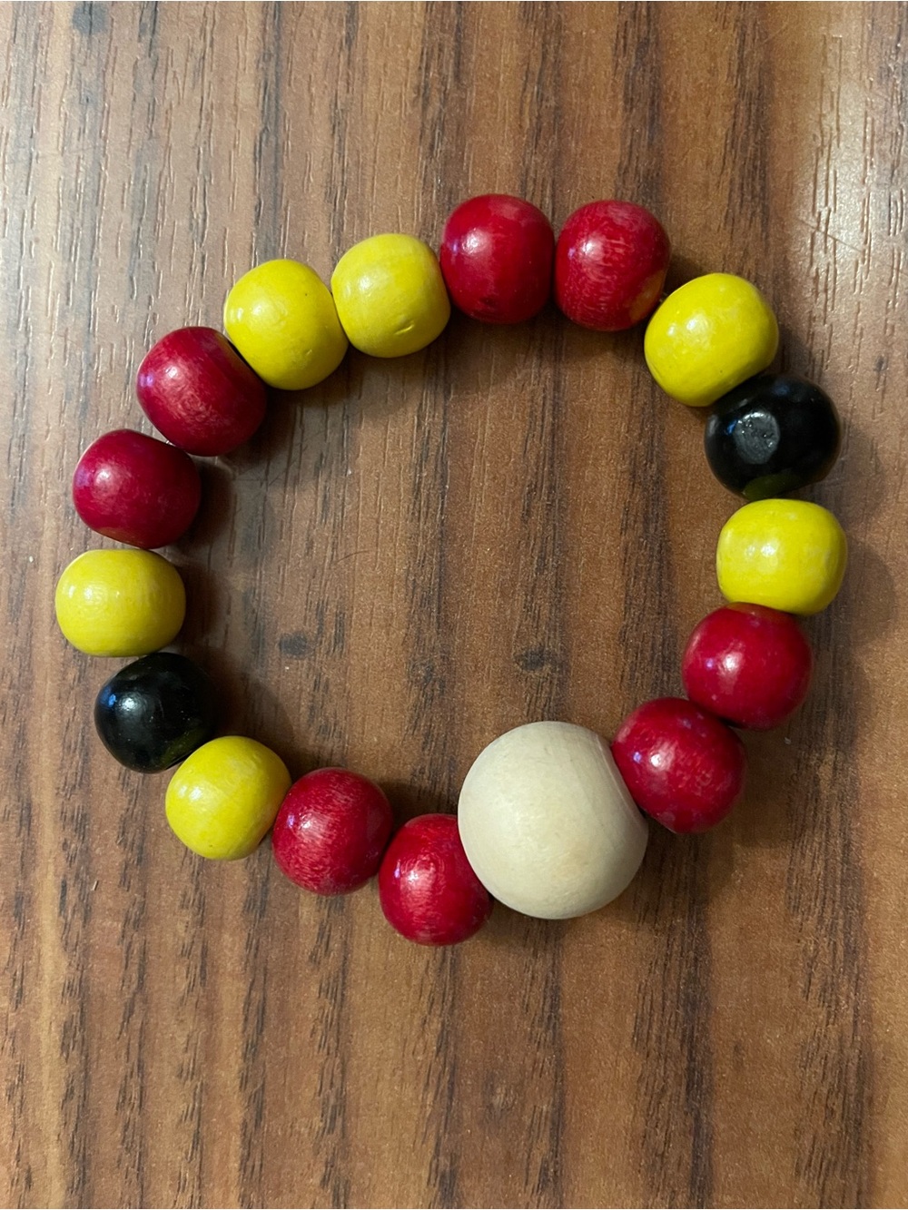 Handmade Wooden Beaded Stretch Bracelet - Red, Yellow, Black, Natural